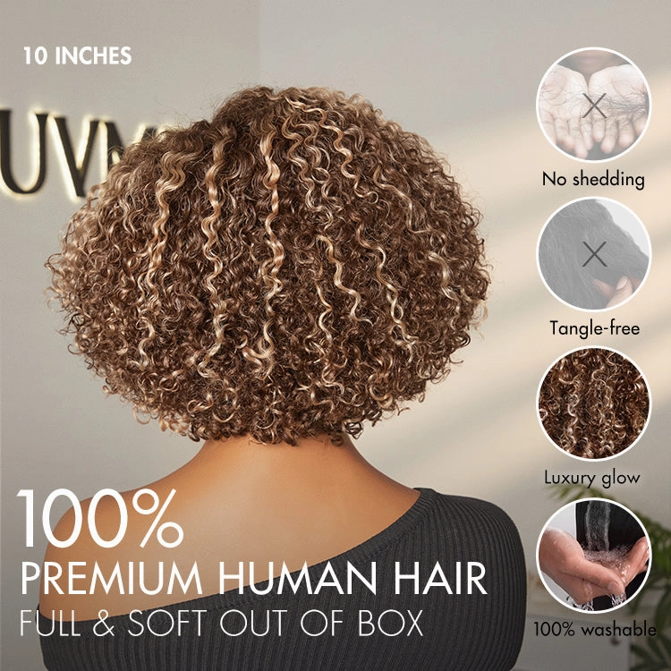 Beginner Friendly Ash Blonde Highlight Short Kinky Curly Wig Glueless Minimalist HD Lace Wig Pre-Cut Lace