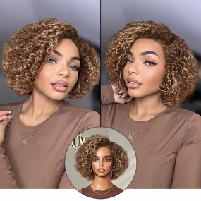 Beginner Friendly Ash Blonde Highlight Short Kinky Curly Wig Glueless Minimalist HD Lace Wig Pre-Cut Lace