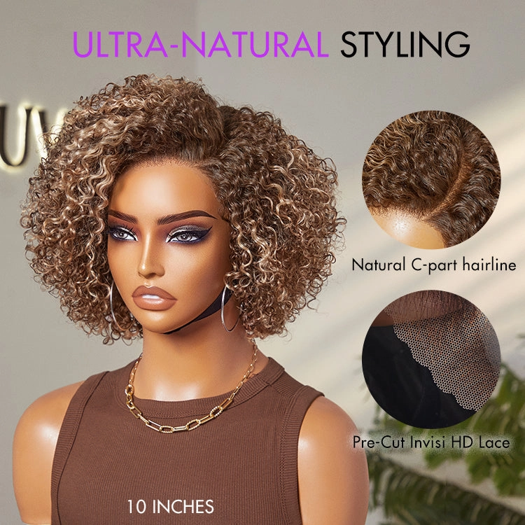 Beginner Friendly Ash Blonde Highlight Short Kinky Curly Wig Glueless Minimalist HD Lace Wig Pre-Cut Lace