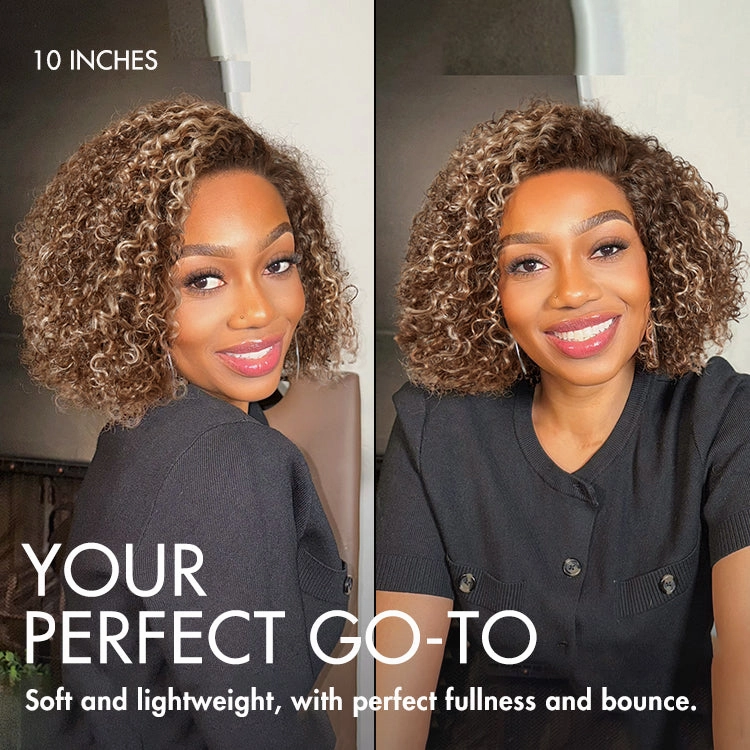 Beginner Friendly Ash Blonde Highlight Short Kinky Curly Wig Glueless Minimalist HD Lace Wig Pre-Cut Lace