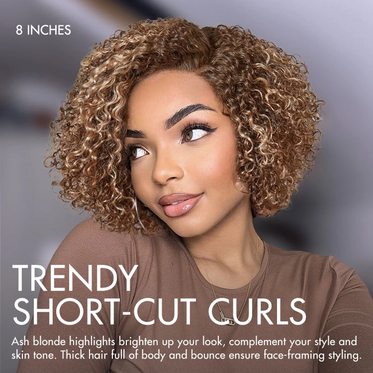 Beginner Friendly Ash Blonde Highlight Short Kinky Curly Wig Glueless Minimalist HD Lace Wig Pre-Cut Lace