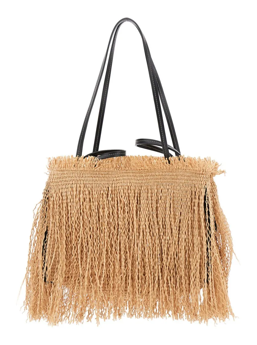 Beige Shopper With Hanging Fringes Design