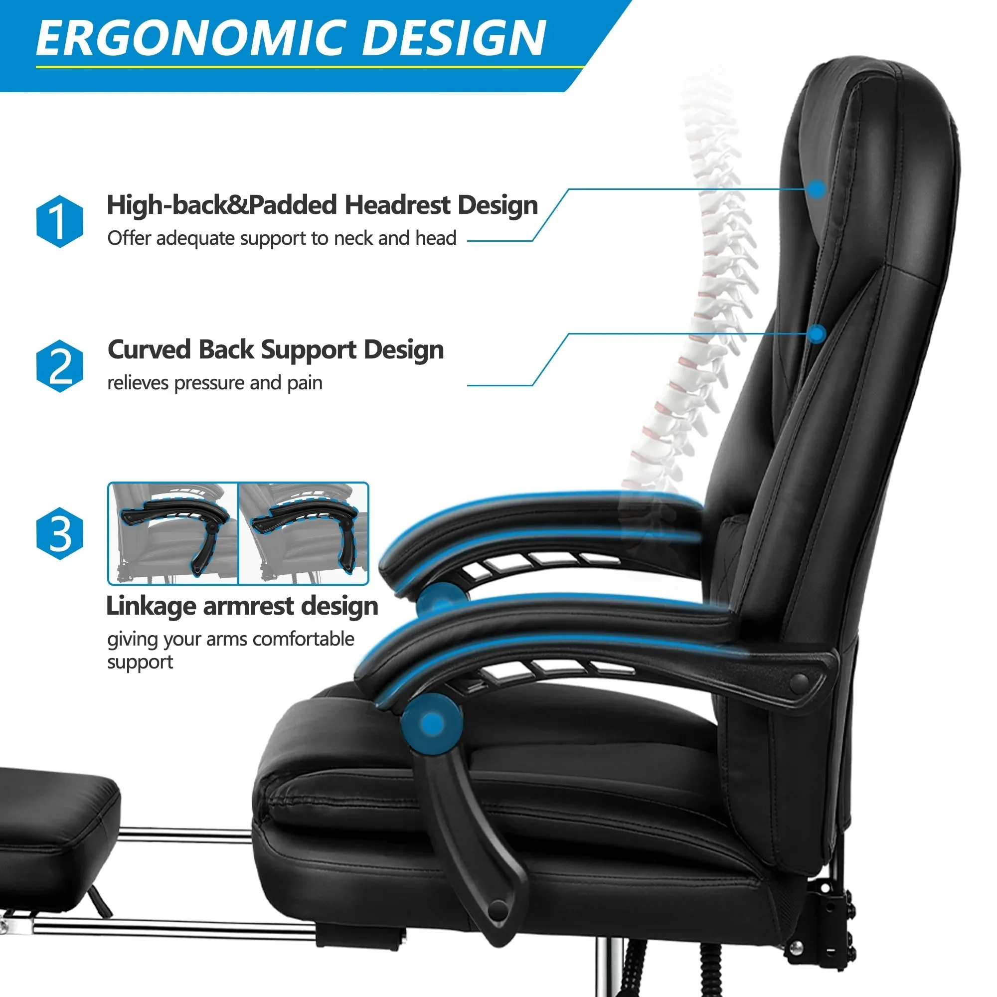 Coolhut 300PY-Black Executive Office Chair With Foot Rest, Black