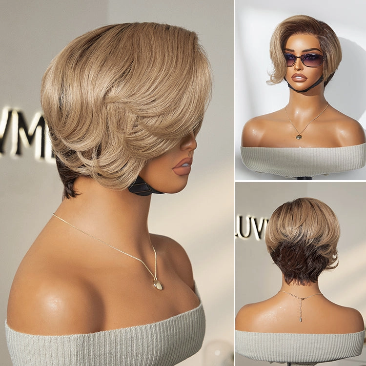 Crazy Wednesday | Ash Blonde Peekaboo Brown Pixie Cut Wig Glueless Minimalist HD Lace Short Blonde Wig Pre-Cut Lace