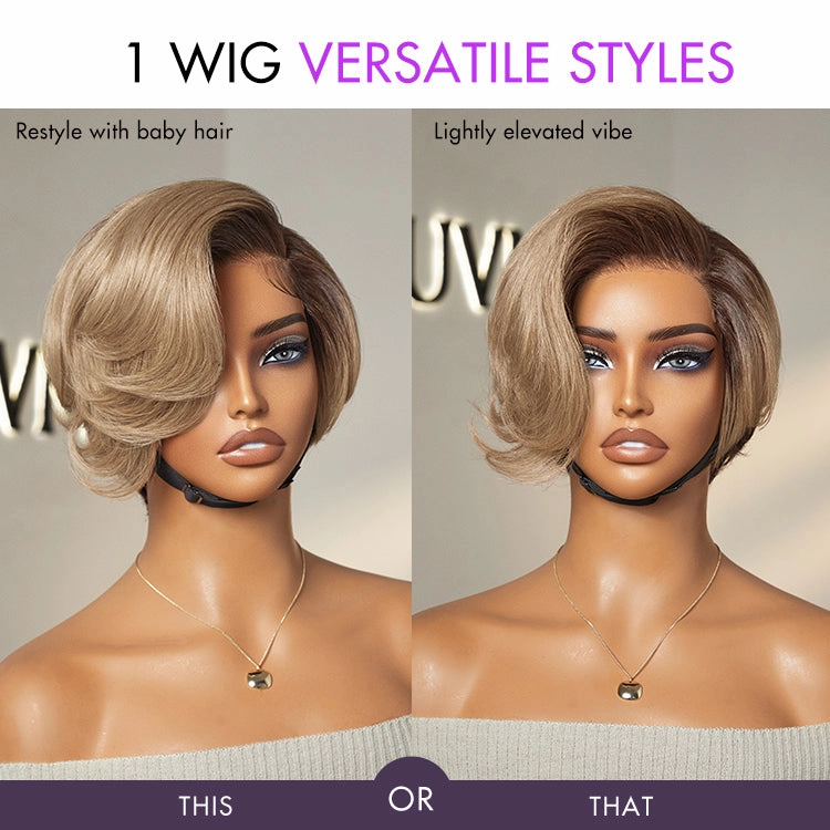 Crazy Wednesday | Ash Blonde Peekaboo Brown Pixie Cut Wig Glueless Minimalist HD Lace Short Blonde Wig Pre-Cut Lace