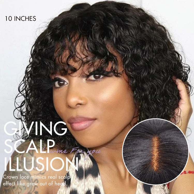 Crazy Wednesday | Beginner Friendly Water Wave Minimalist Lace Glueless Short Curly Wig with Bangs