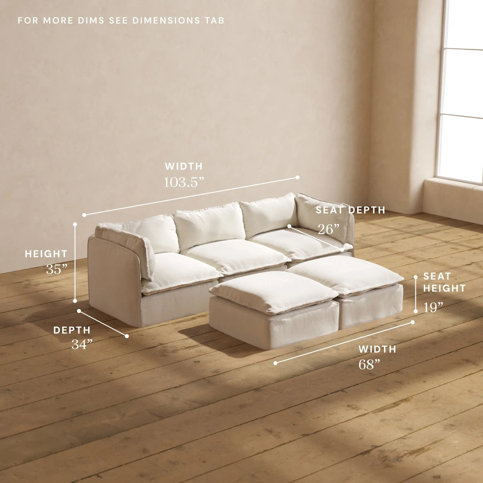 Modular Performance 3-Seater   Bench Ottoman in Flour | Deluxe Blend