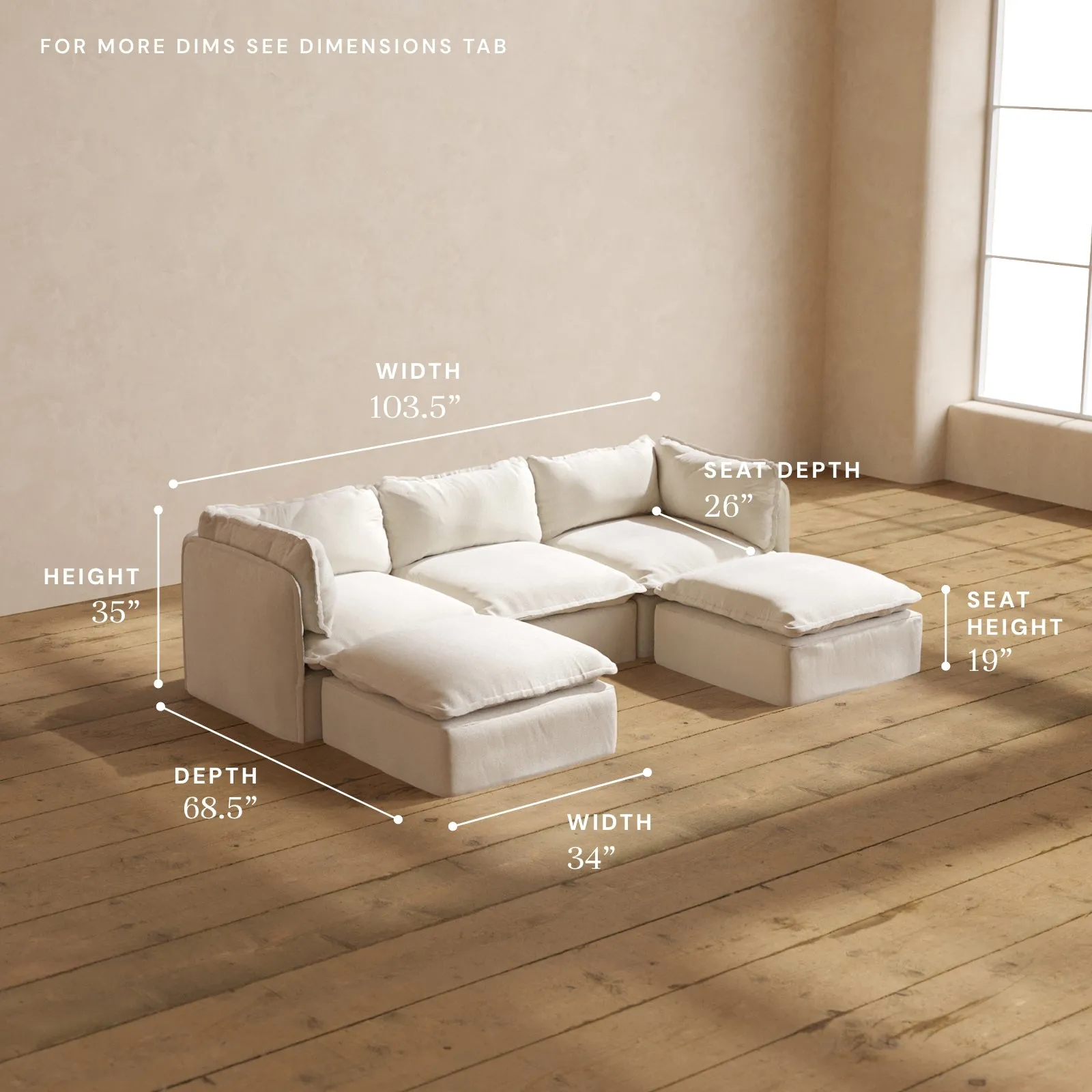 Modular Performance 3-Seater U-Sectional in Flour | Relaxed Blend