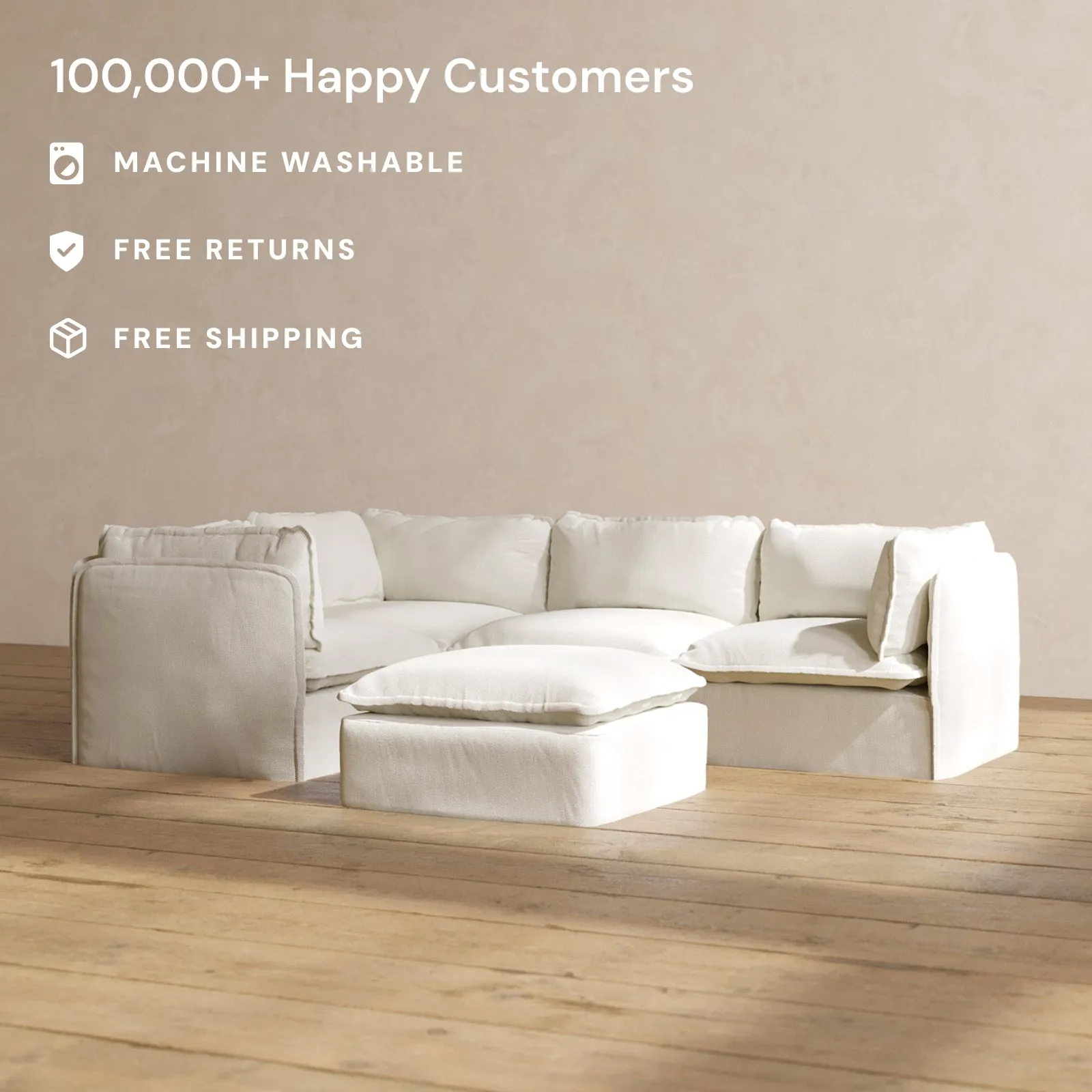 Modular Performance 4-Seater Corner Sectional   Ottoman in Eggshell | Deluxe Blend
