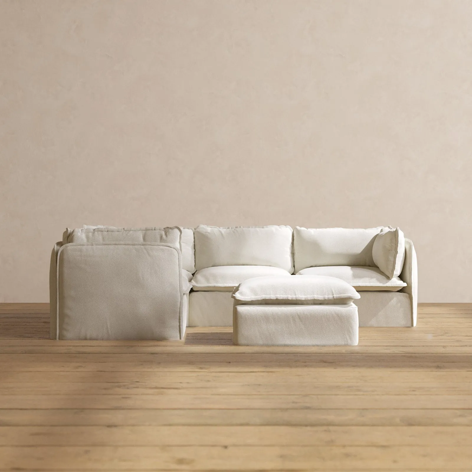 Modular Performance 4-Seater Corner Sectional   Ottoman in Eggshell | Deluxe Blend