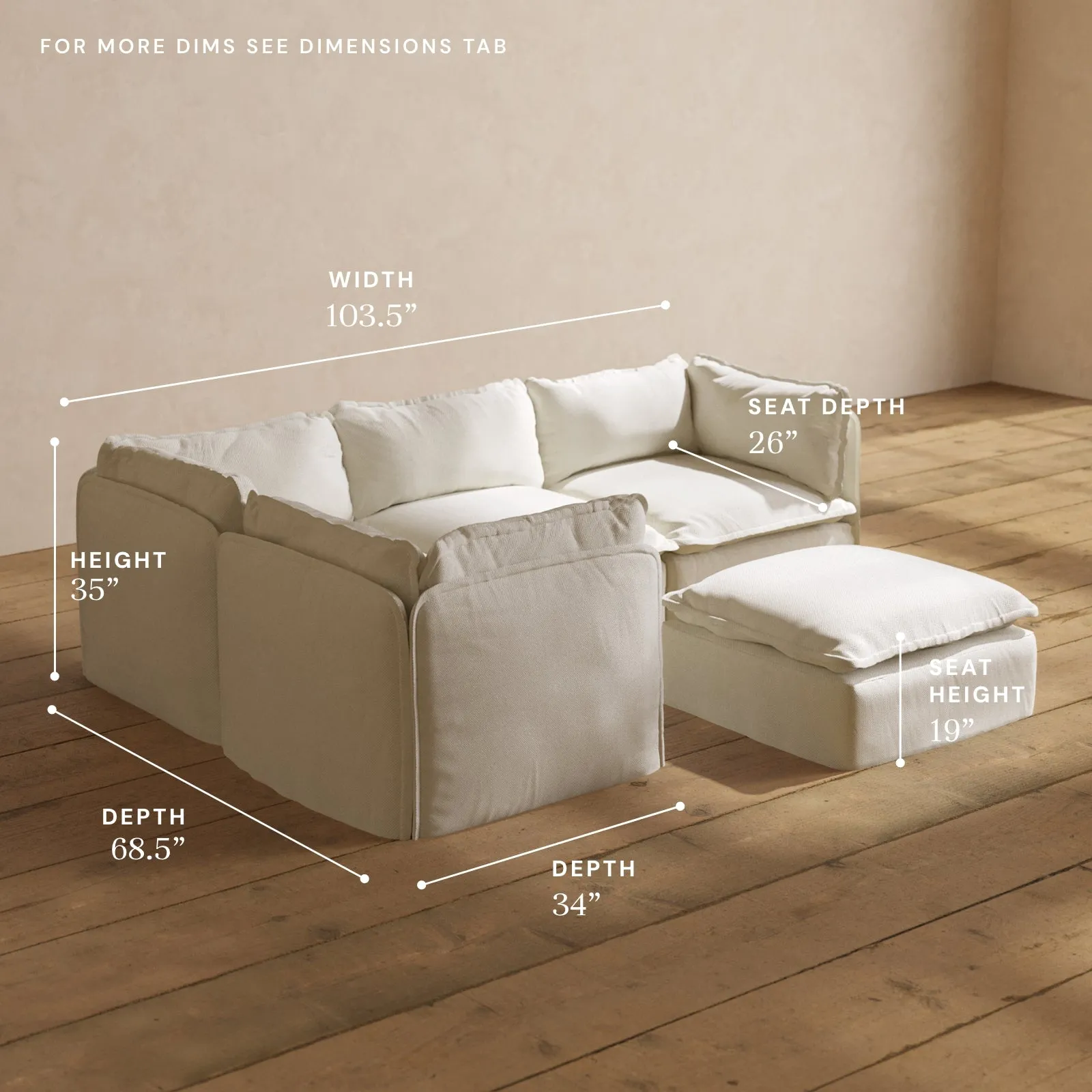Modular Performance 4-Seater Corner Sectional   Ottoman in Eggshell | Deluxe Blend