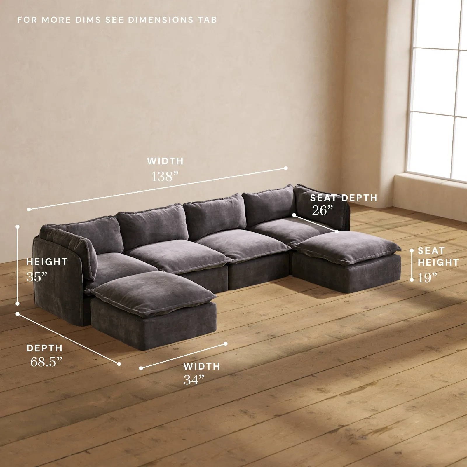 Modular Performance 4-Seater U-Sectional in Cinder | Deluxe Blend
