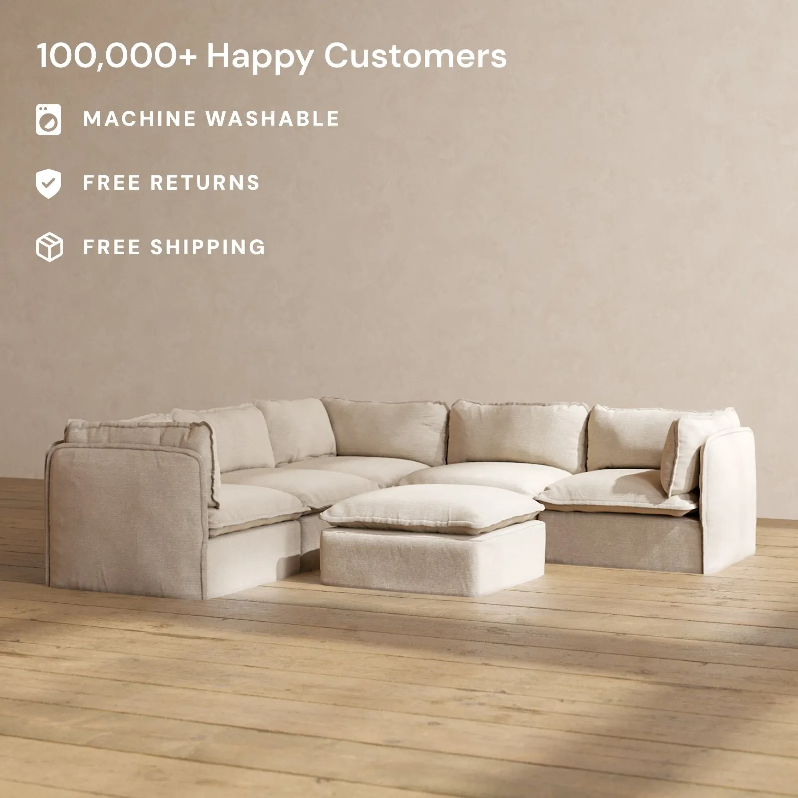 Modular Performance 5-Seater Corner Sectional   Ottoman in Oat | Relaxed Blend