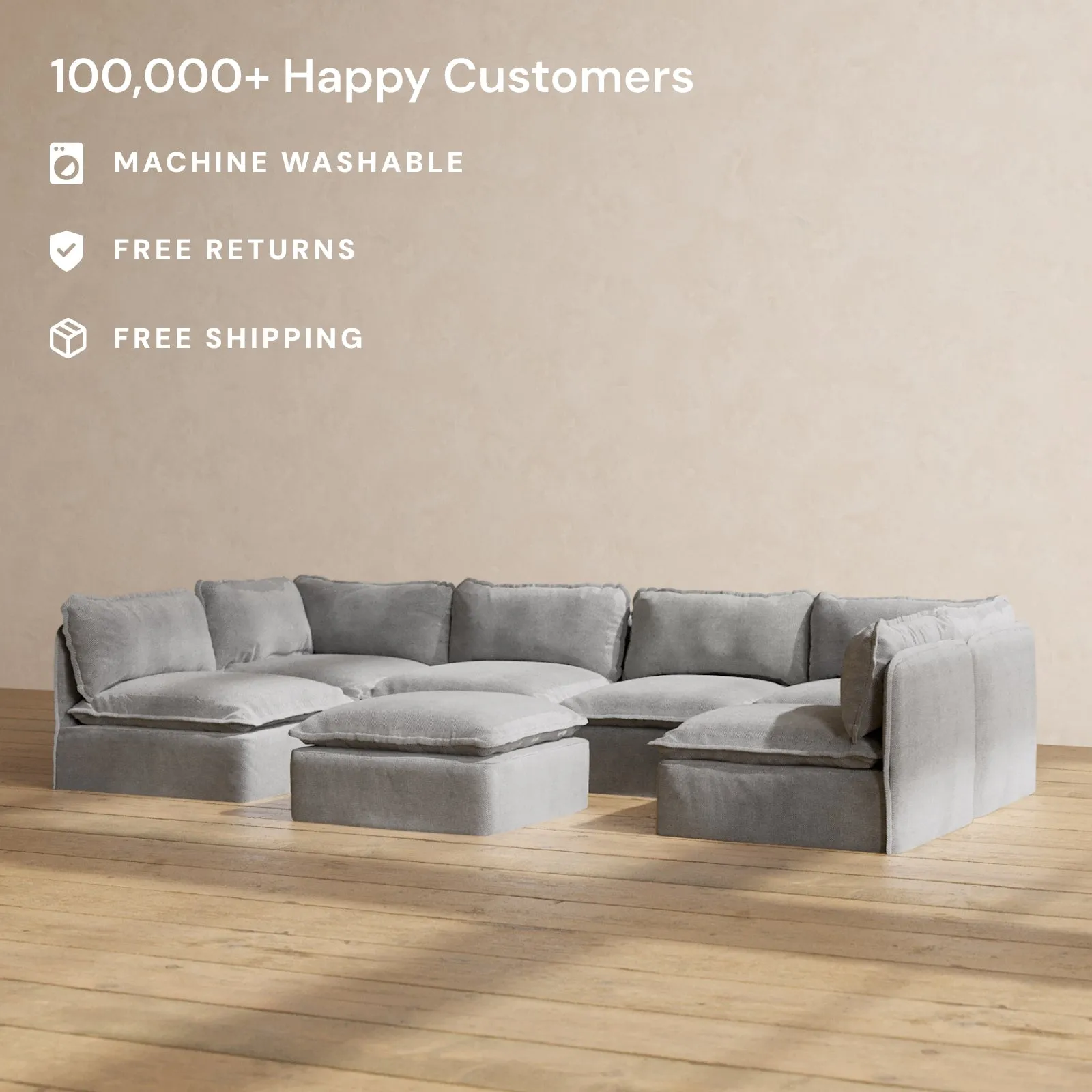 Modular Performance 6-Seater Open-Ends U-Sectional   Ottoman in Ash | Relaxed Blend