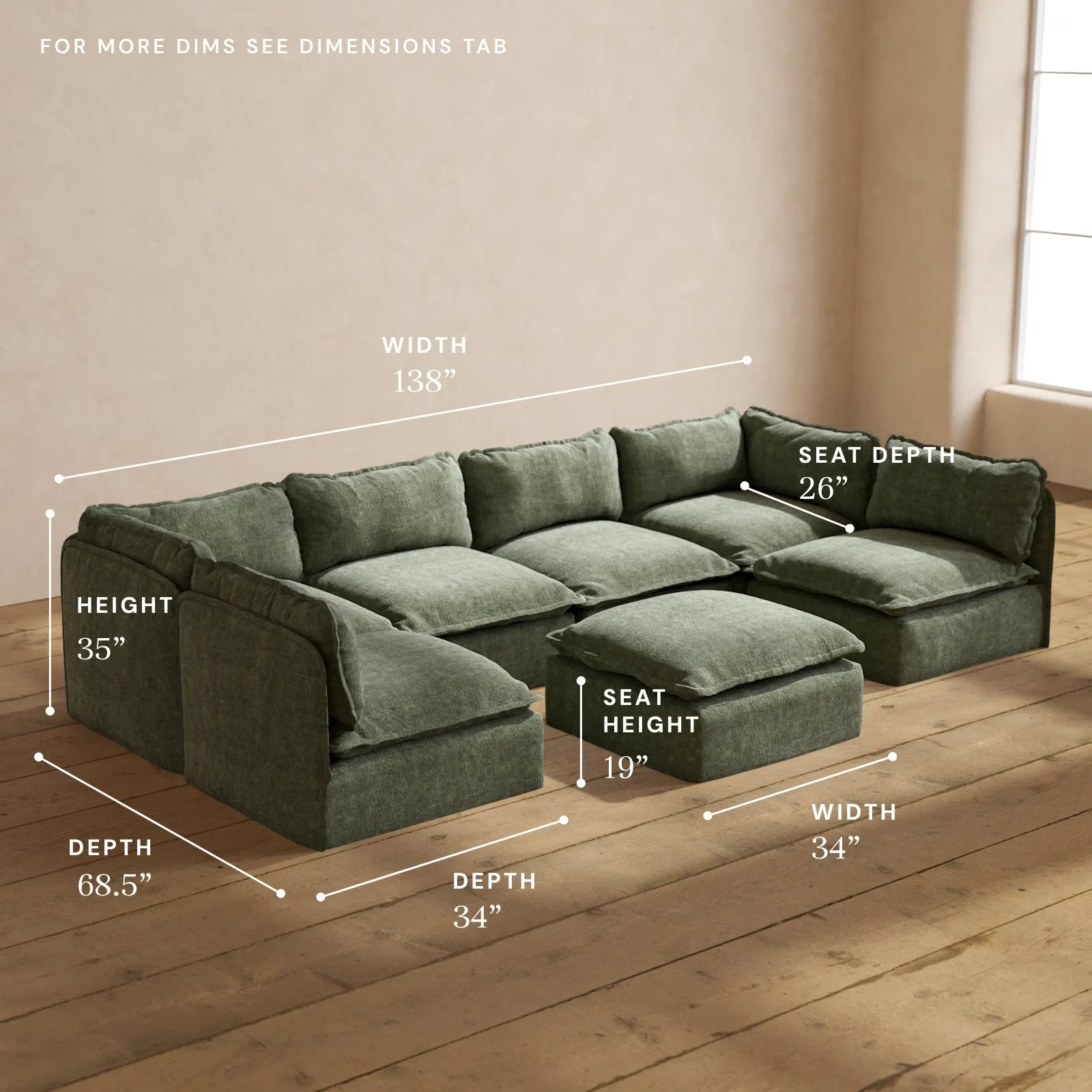 Modular Performance 6-Seater Open-Ends U-Sectional   Ottoman in Willow | Deluxe Blend