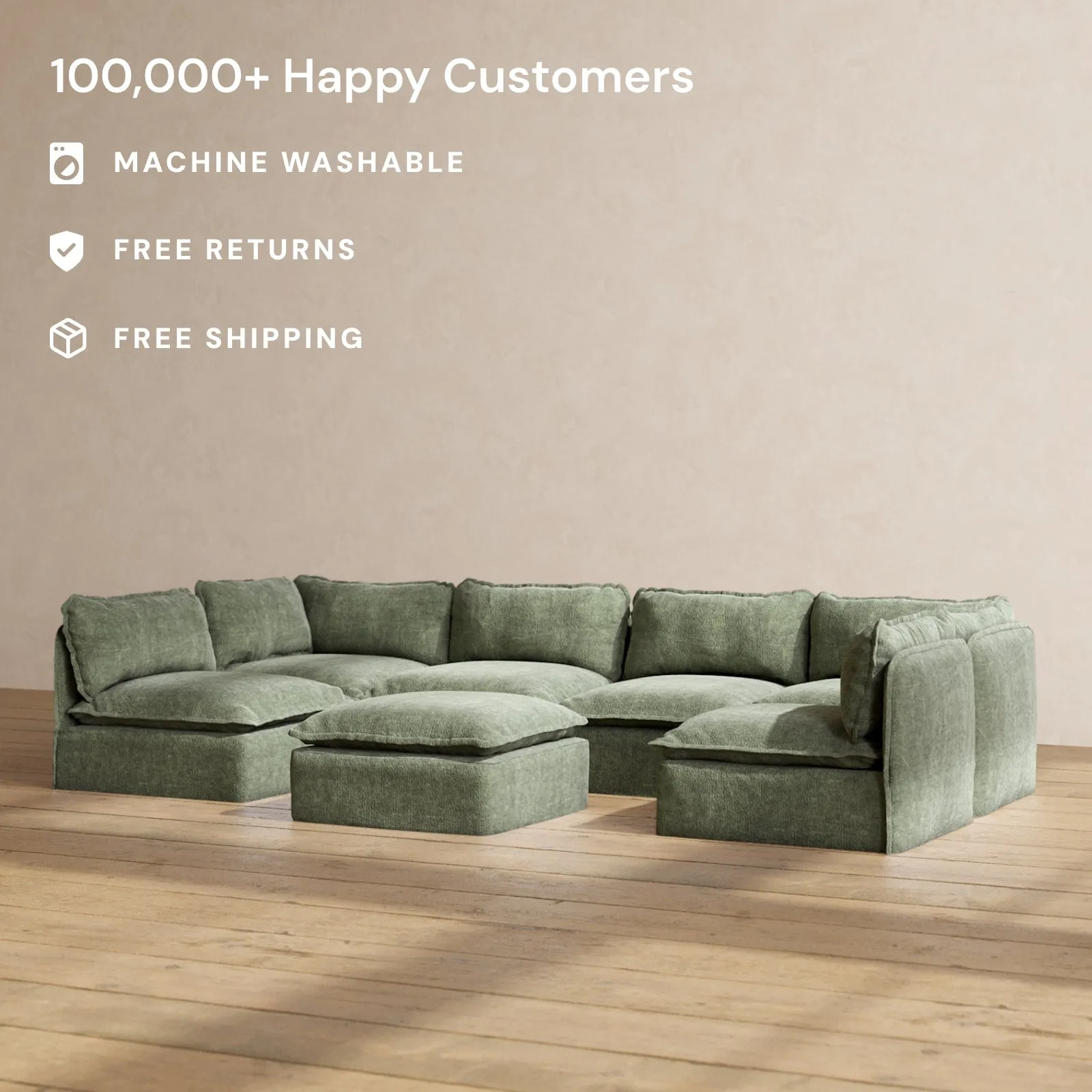 Modular Performance 6-Seater Open-Ends U-Sectional   Ottoman in Willow | Deluxe Blend