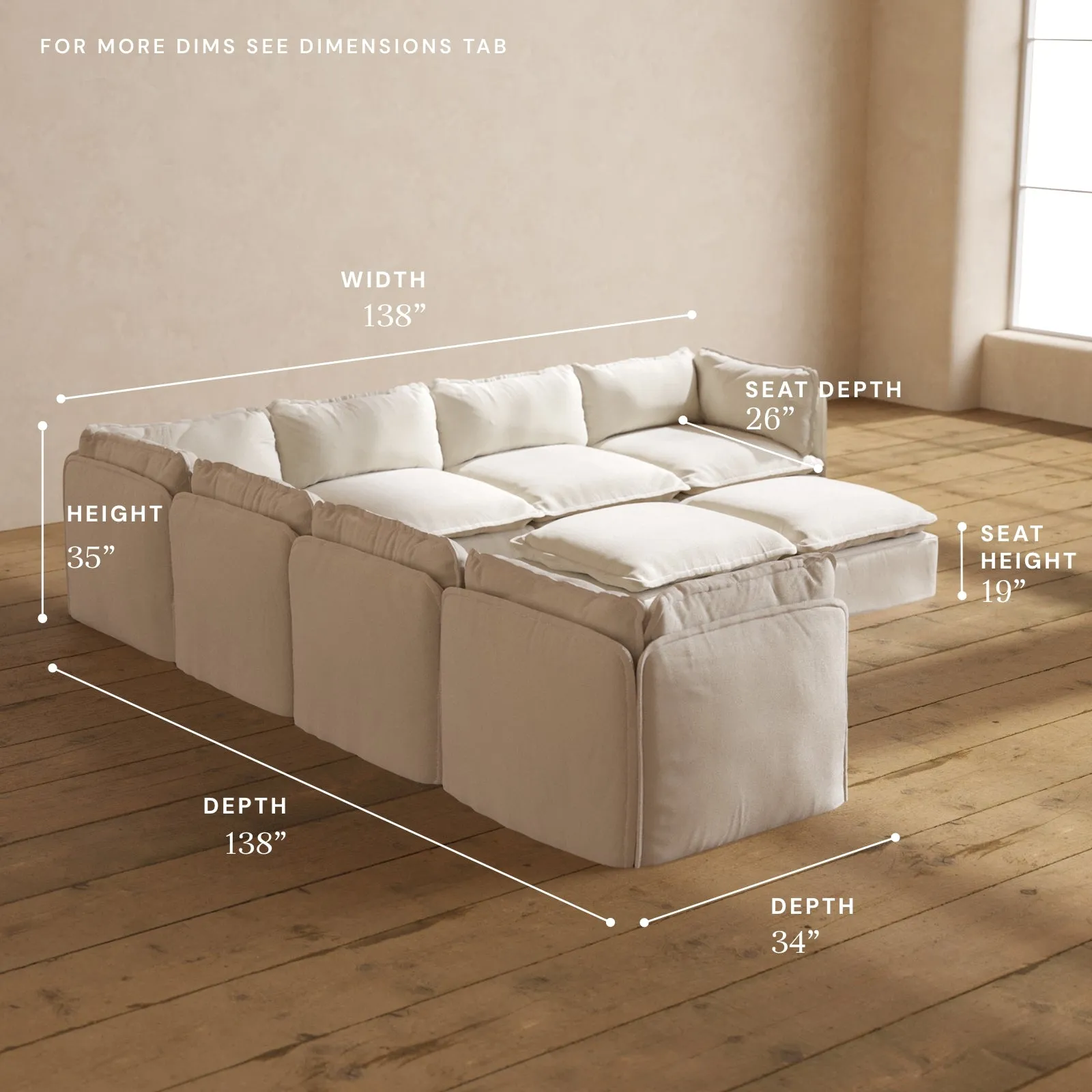 Modular Performance 7-Seater Corner Sectional   Bench Ottoman in Flour | Deluxe Blend