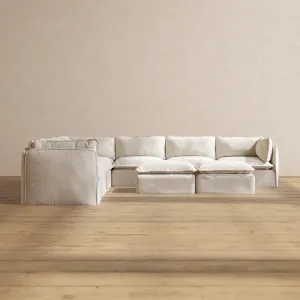 Modular Performance 7-Seater Corner Sectional   Bench Ottoman in Flour | Deluxe Blend