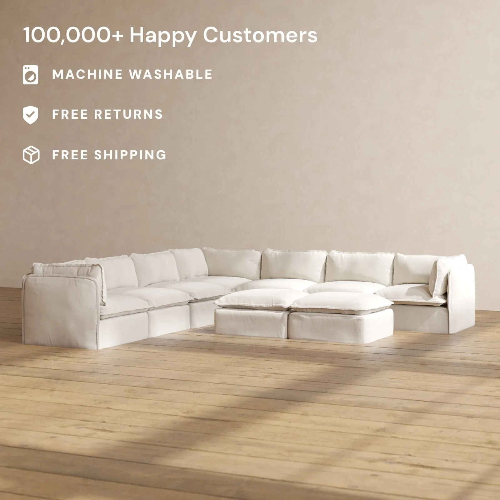 Modular Performance 7-Seater Corner Sectional   Bench Ottoman in Flour | Deluxe Blend