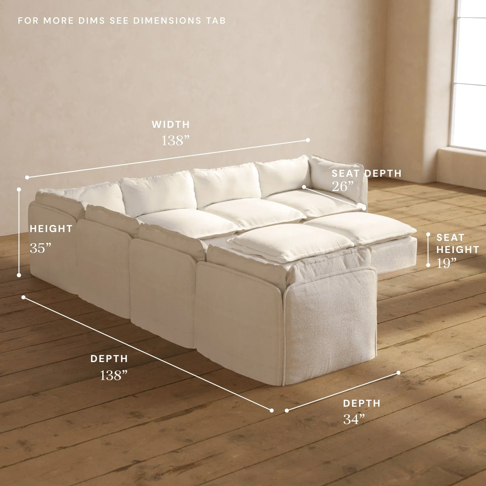 Modular Performance 7-Seater Corner Sectional   Bench Ottoman in Mousse | Relaxed Blend