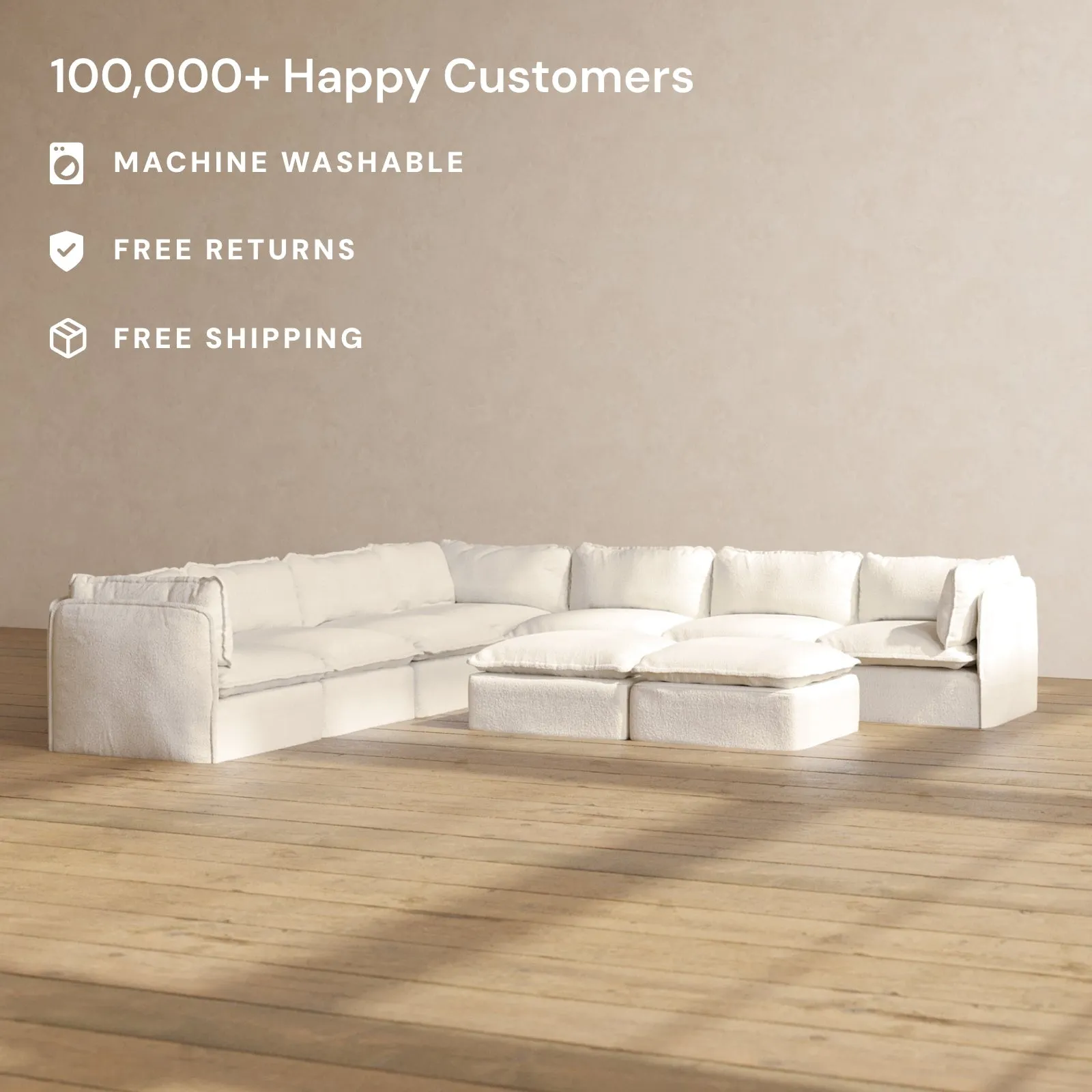 Modular Performance 7-Seater Corner Sectional   Bench Ottoman in Mousse | Relaxed Blend