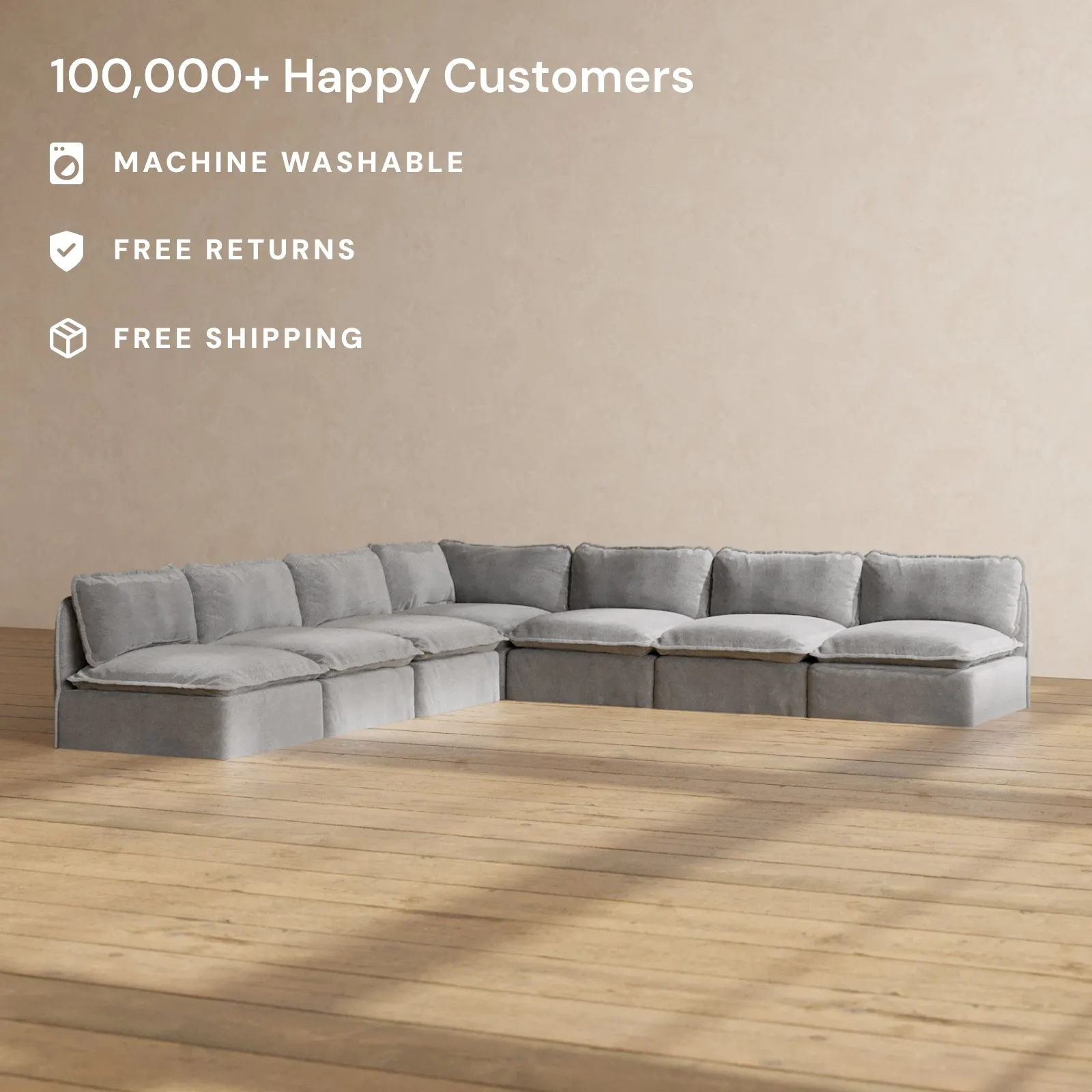Modular Performance 7-Seater Open-Ends Corner Sectional in Ash | Relaxed Blend