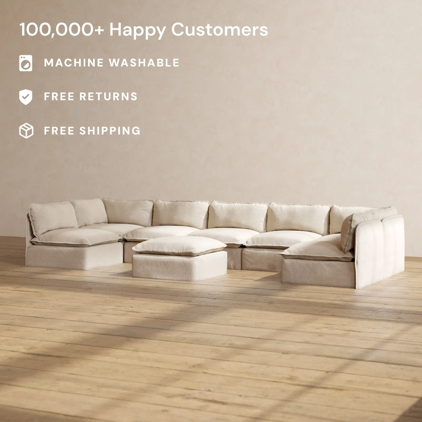 Modular Performance 7-Seater Open-Ends U-Sectional   Ottoman in Oat | Relaxed Blend