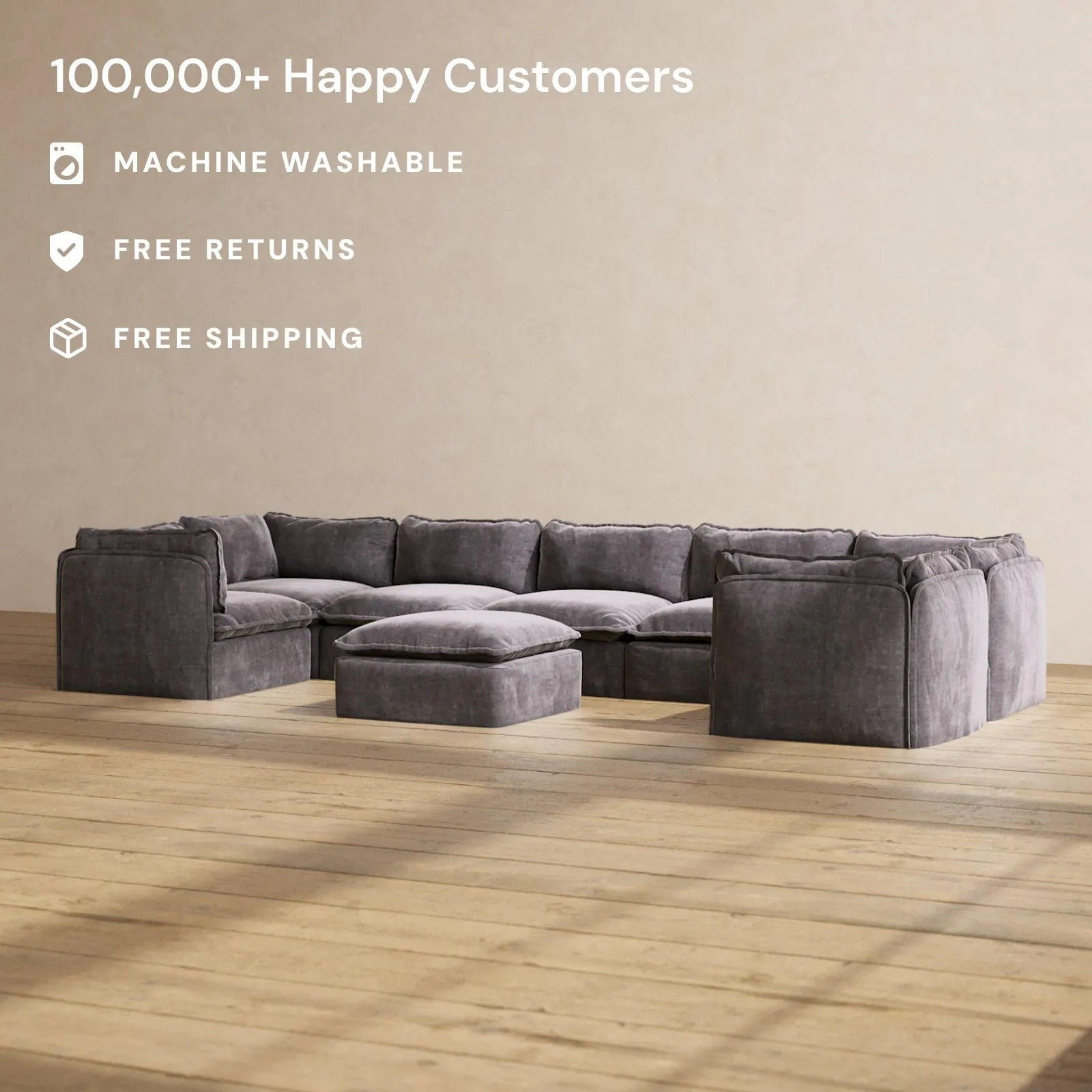 Modular Performance 7-Seater U-Sectional   Ottoman in Cinder | Relaxed Blend