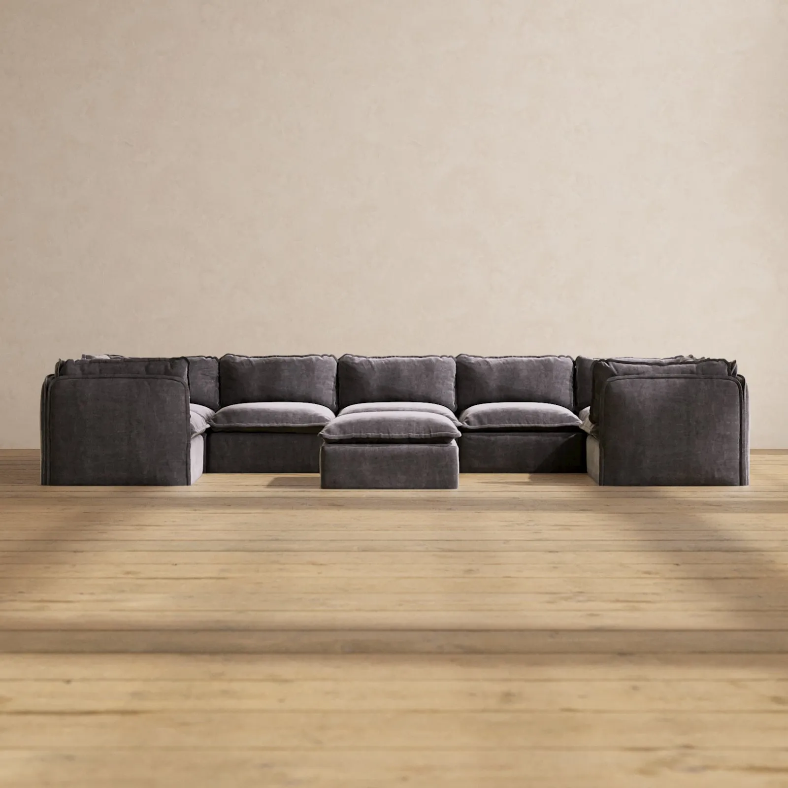 Modular Performance 7-Seater U-Sectional   Ottoman in Cinder | Relaxed Blend