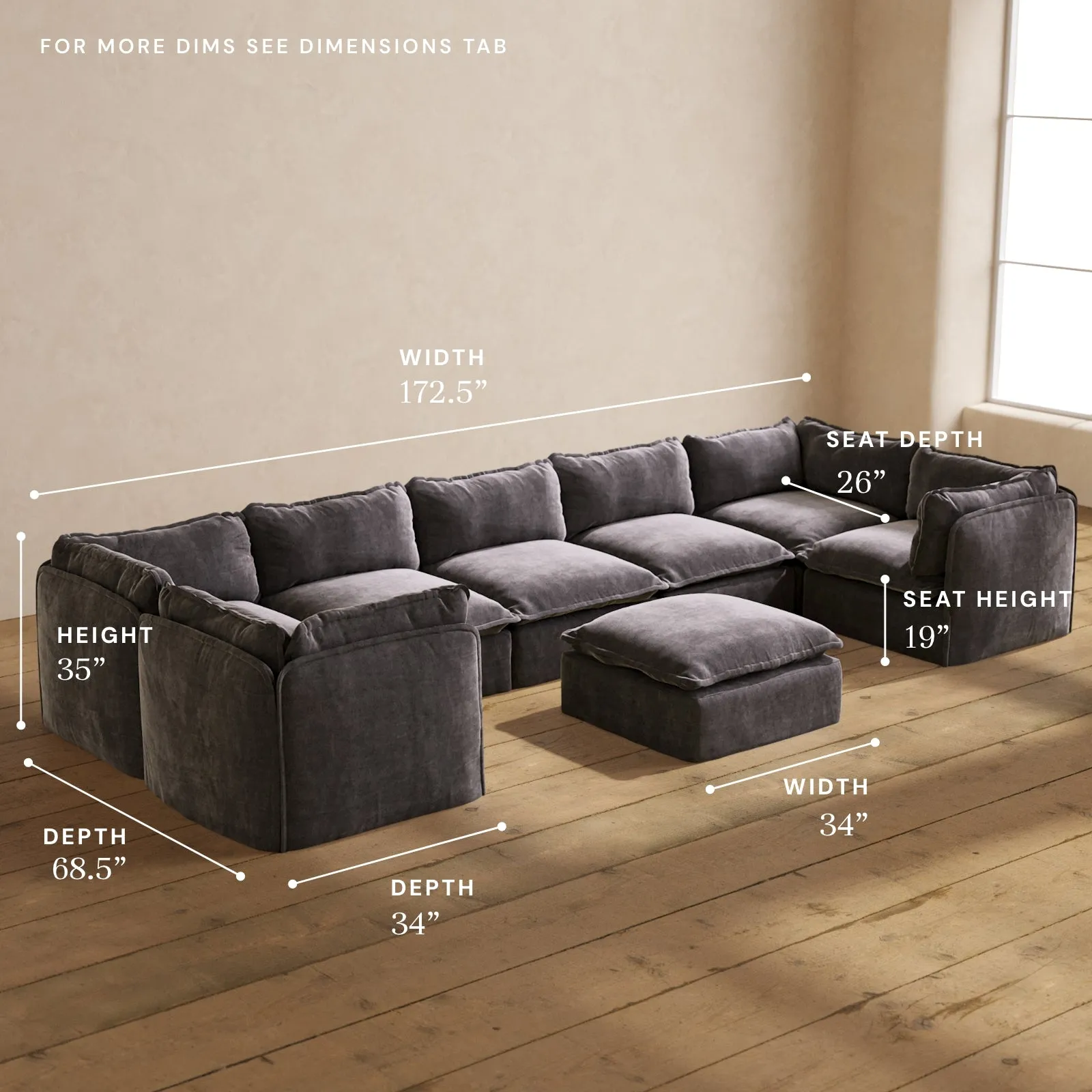 Modular Performance 7-Seater U-Sectional   Ottoman in Cinder | Relaxed Blend