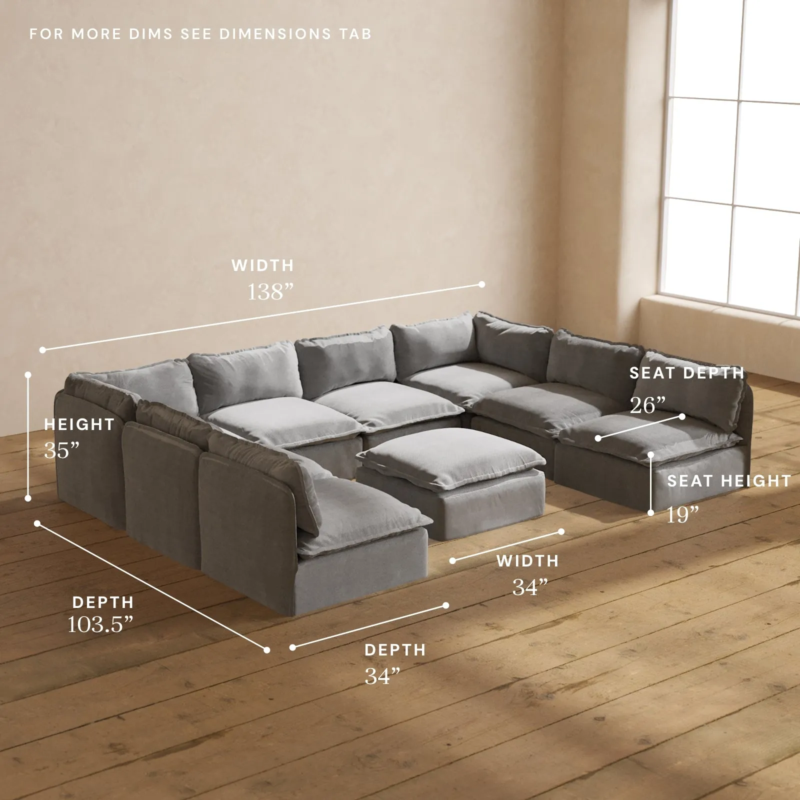 Modular Performance 8-Seater Open-Ends U-Sectional   Ottoman in Ash | Relaxed Blend