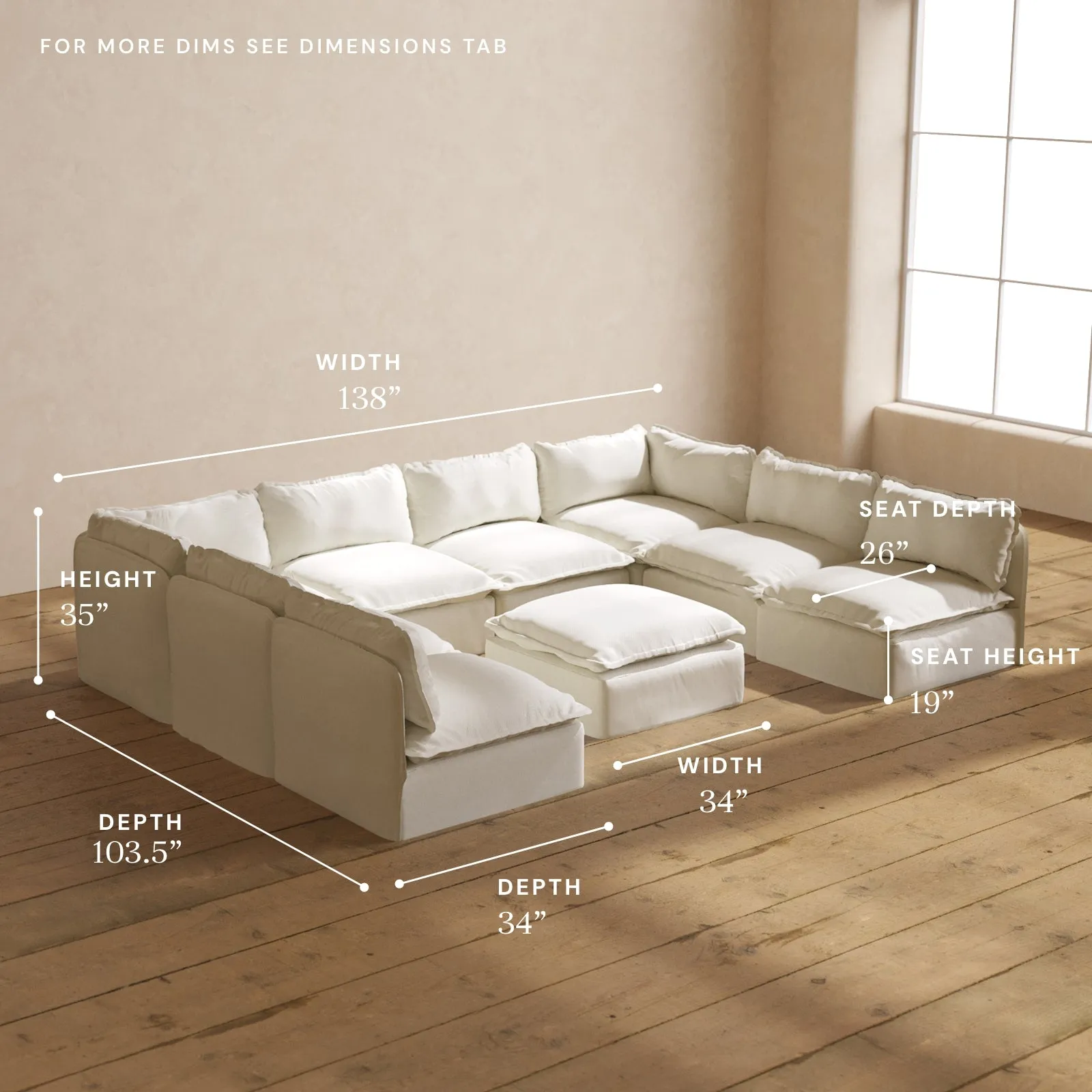Modular Performance 8-Seater Open-Ends U-Sectional   Ottoman in Eggshell | Relaxed Blend