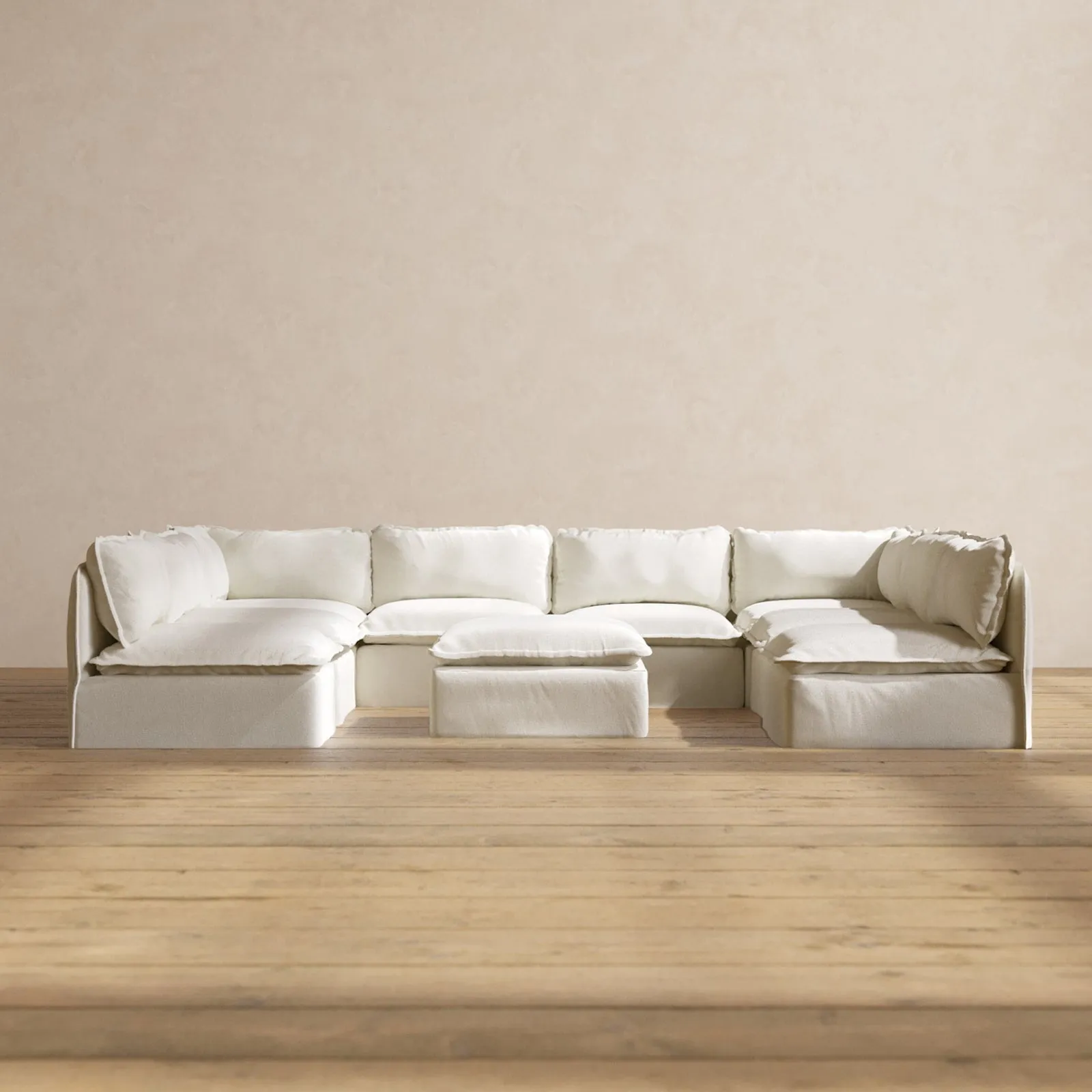 Modular Performance 8-Seater Open-Ends U-Sectional   Ottoman in Eggshell | Relaxed Blend