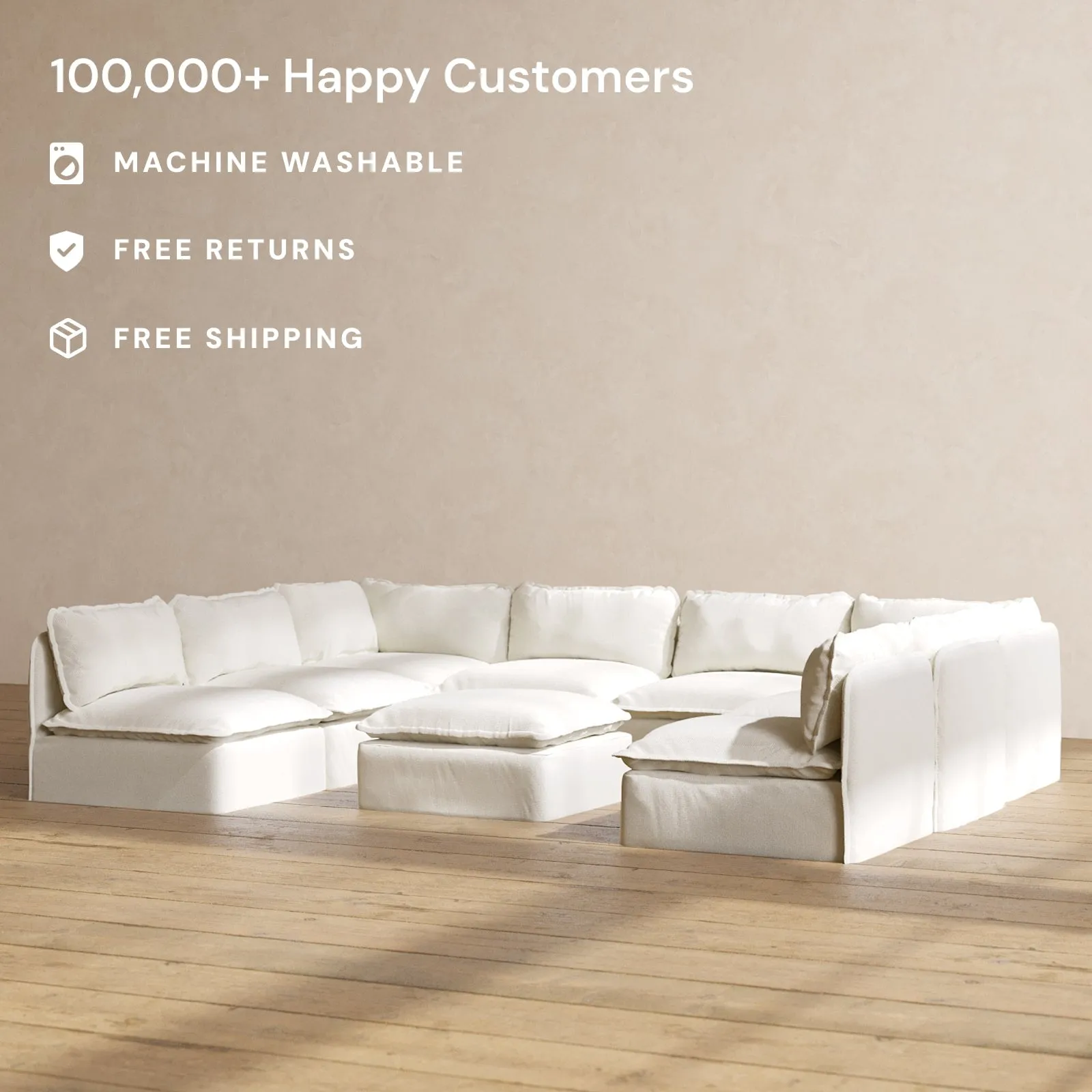 Modular Performance 8-Seater Open-Ends U-Sectional   Ottoman in Eggshell | Relaxed Blend