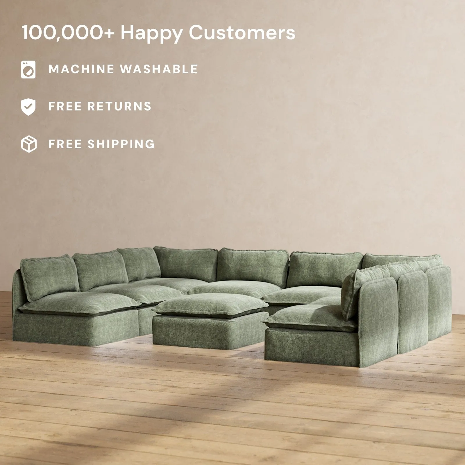Modular Performance 8-Seater Open-Ends U-Sectional   Ottoman in Willow | Deluxe Blend