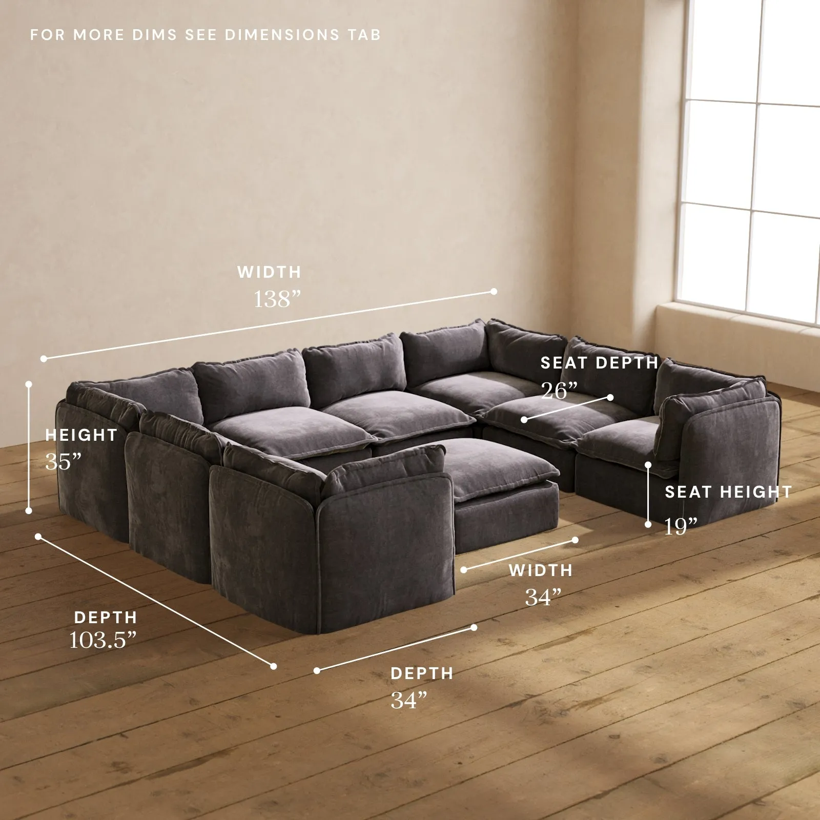 Modular Performance 8-Seater U-Sectional   Ottoman in Cinder | Deluxe Blend