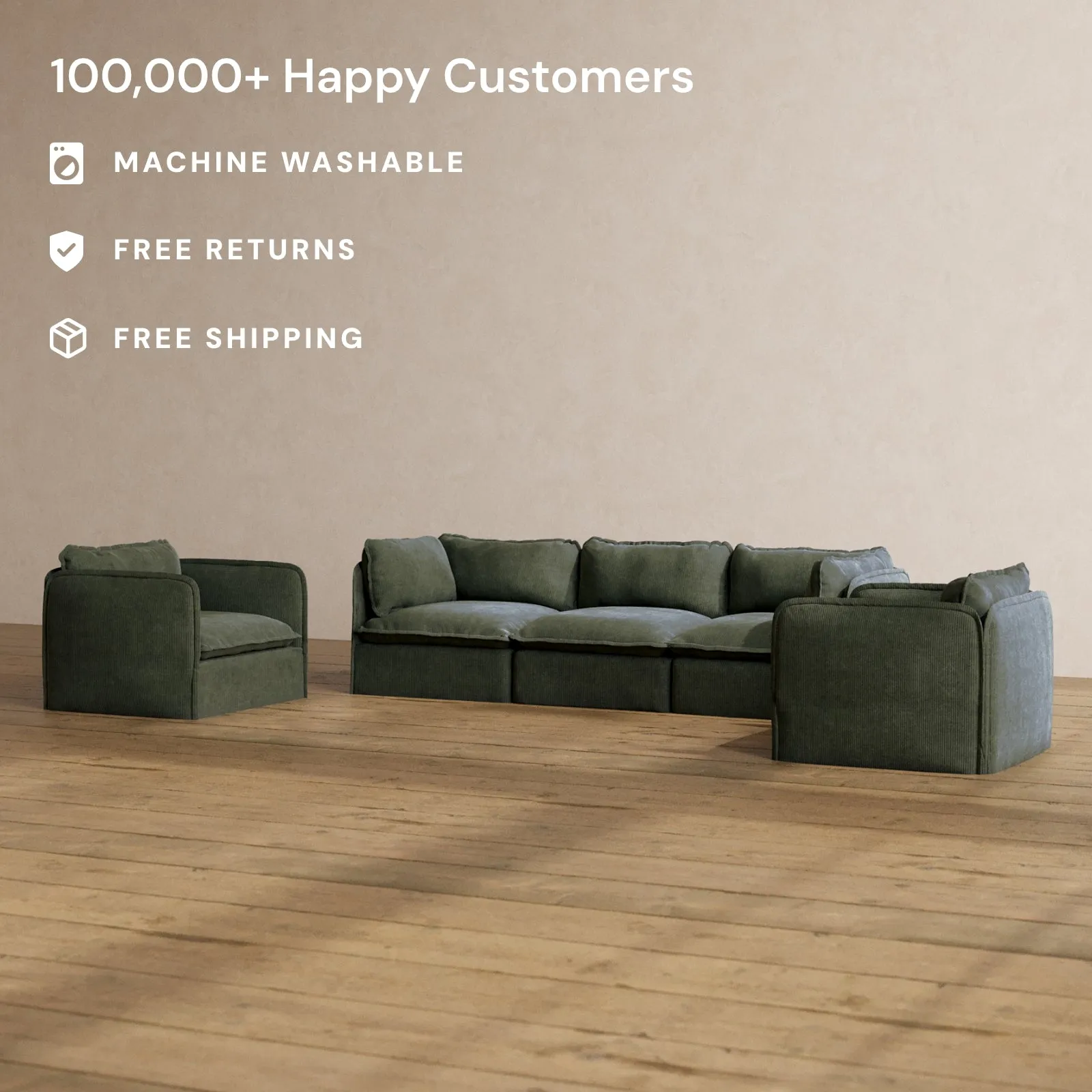 Modular Washable 3-Seater Sofa   Armchair Set in Olivine | Memorix  Seat | Contour Pillow
