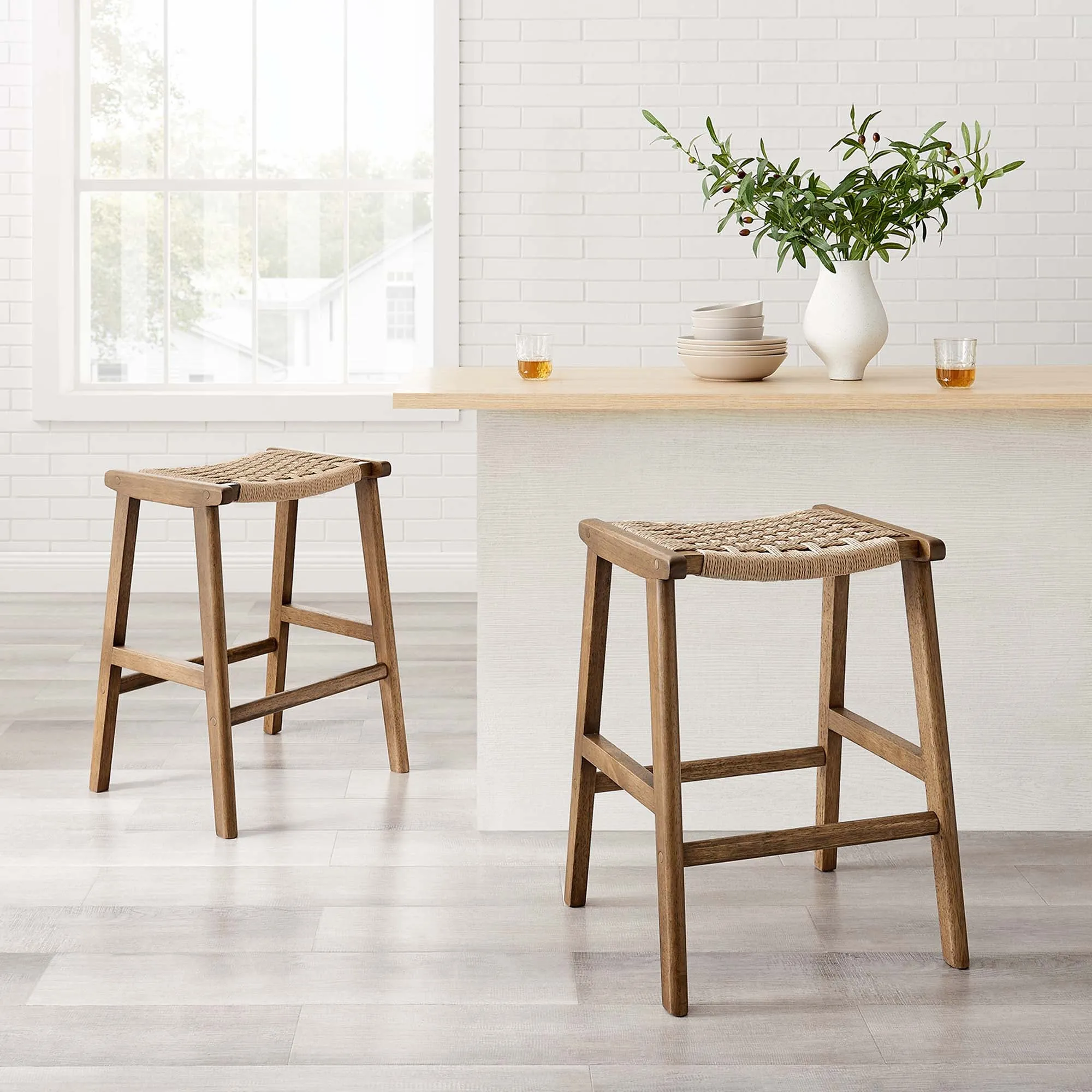 Saoirse Woven Rope Wood Counter Stool - Set of 2 by Modway