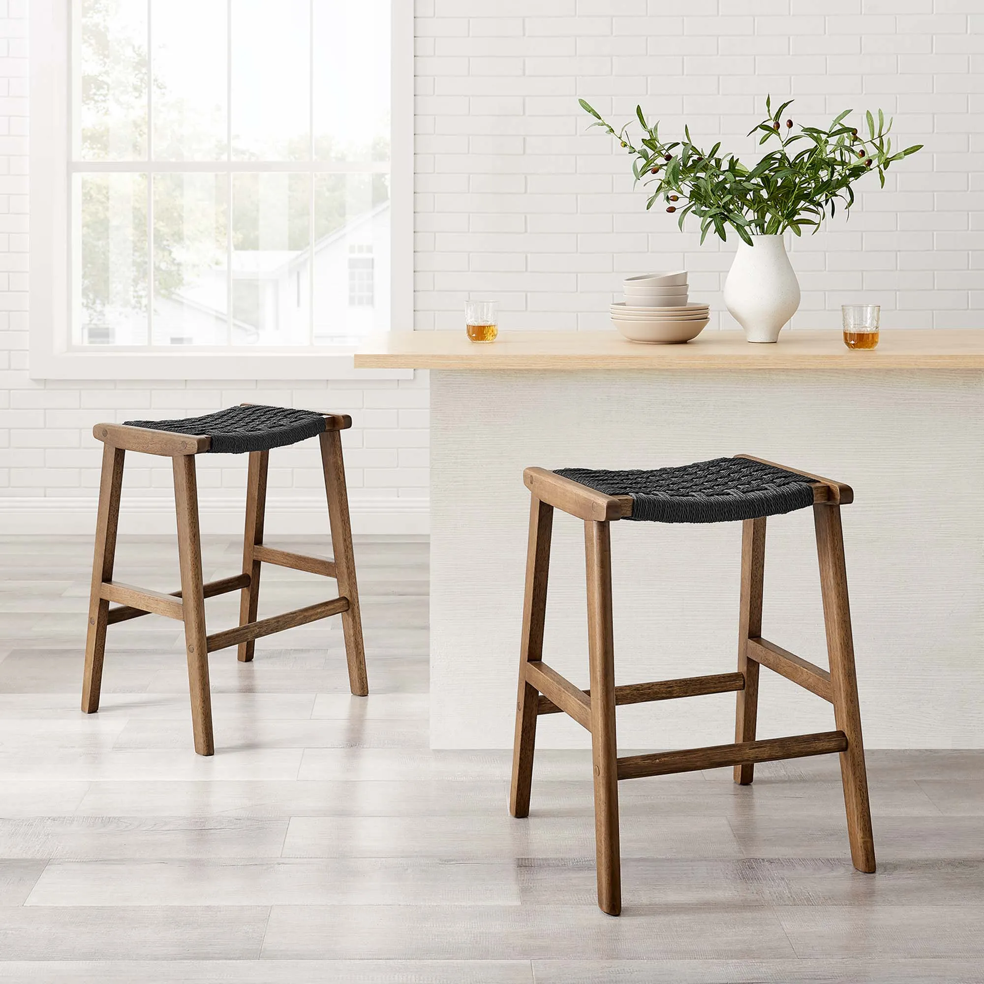Saoirse Woven Rope Wood Counter Stool - Set of 2 by Modway