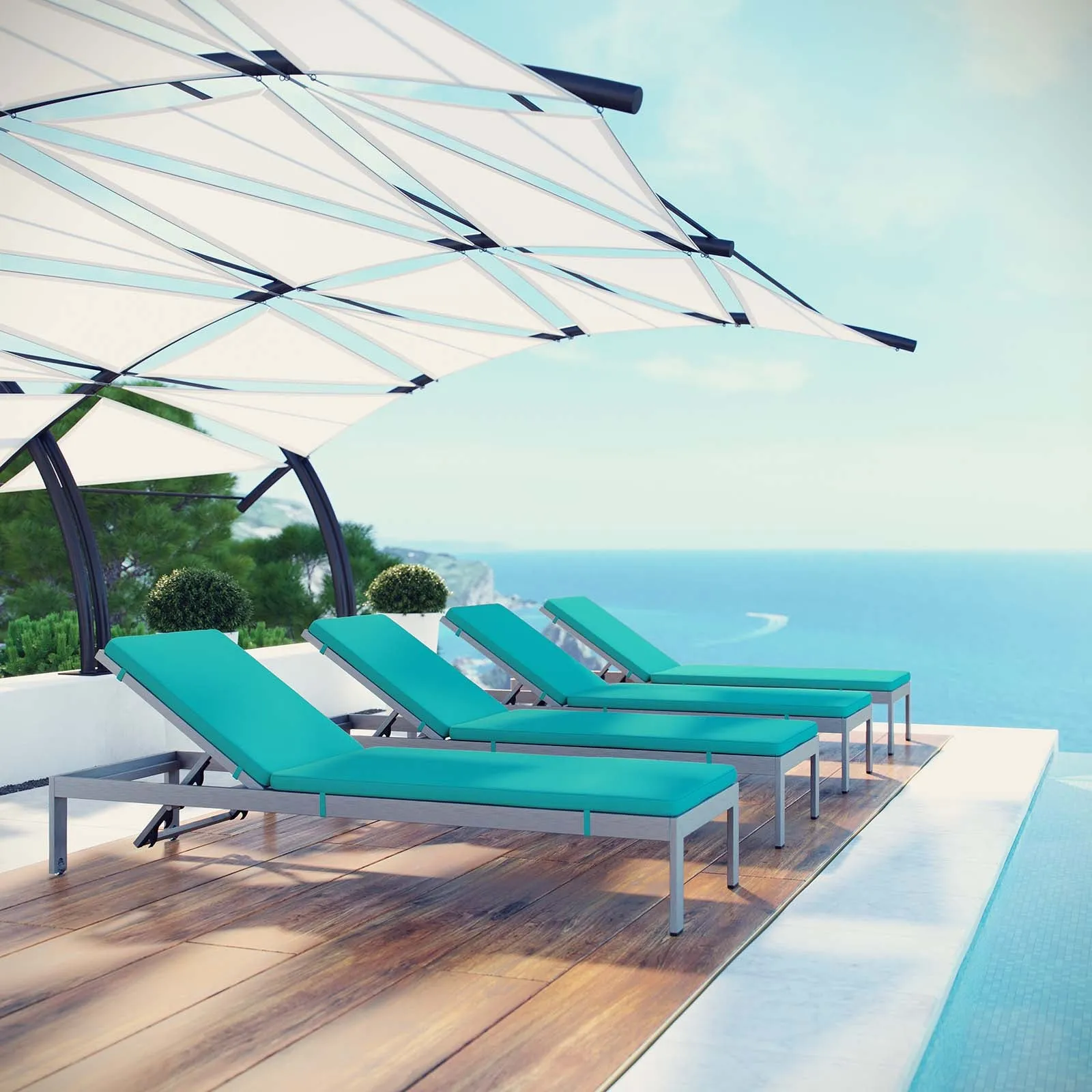 Shore Chaise with Cushions Outdoor Patio Aluminum Set of 4 by Modway