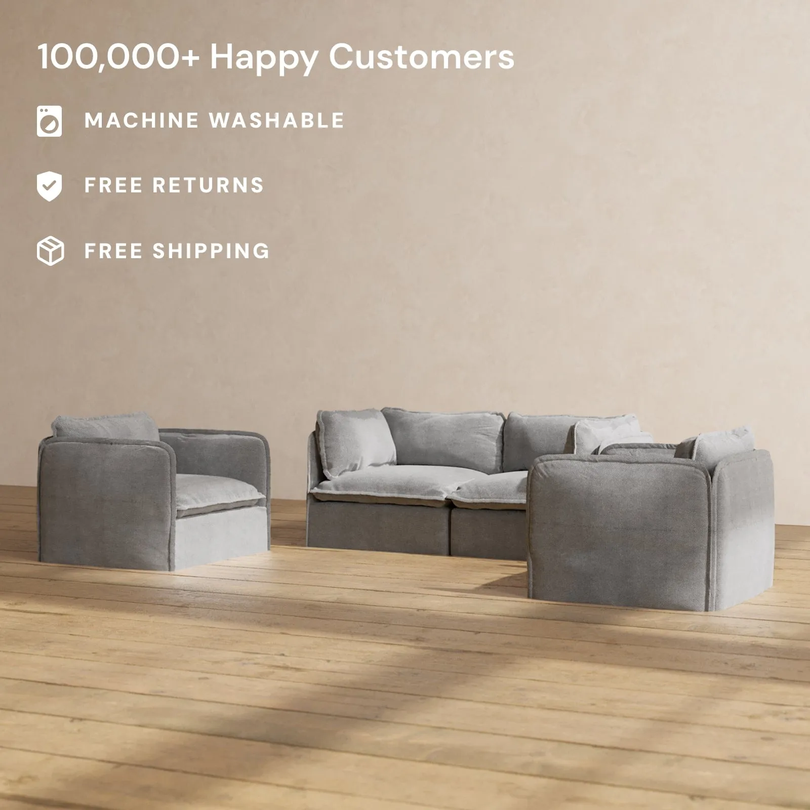 Slipcover Only - Modular Performance 2-Seater Sofa   Armchair Set | Plush Weave in Ash