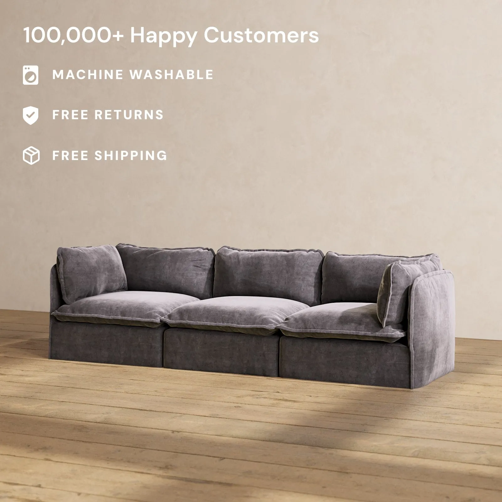 Slipcover Only - Modular Performance 3-Seater | Luxury Velvet in Cinder