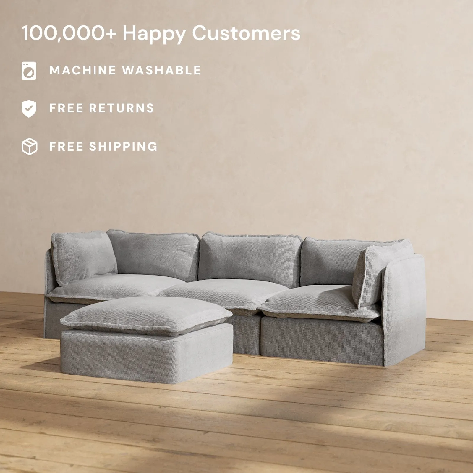 Slipcover Only - Modular Performance 3-Seater   Ottoman | Plush Weave in Ash