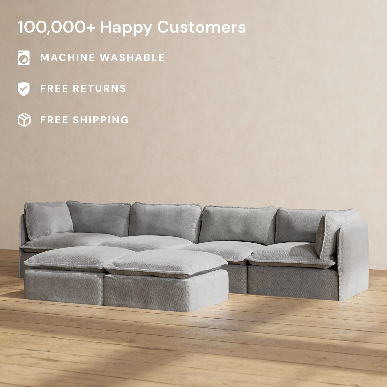 Slipcover Only - Modular Performance 4-Seater   Bench Ottoman | Plush Weave in Ash
