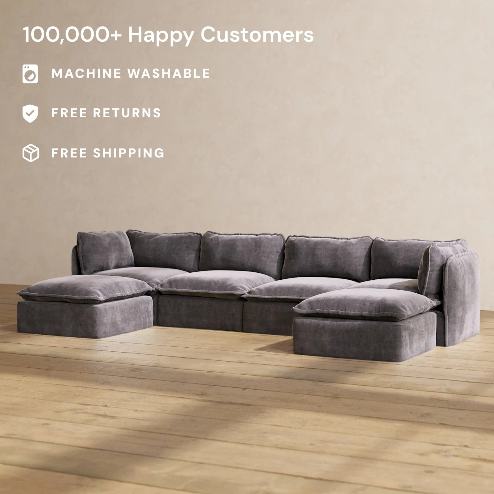 Slipcover Only - Modular Performance 4-Seater U-Sectional | Luxury Velvet in Cinder