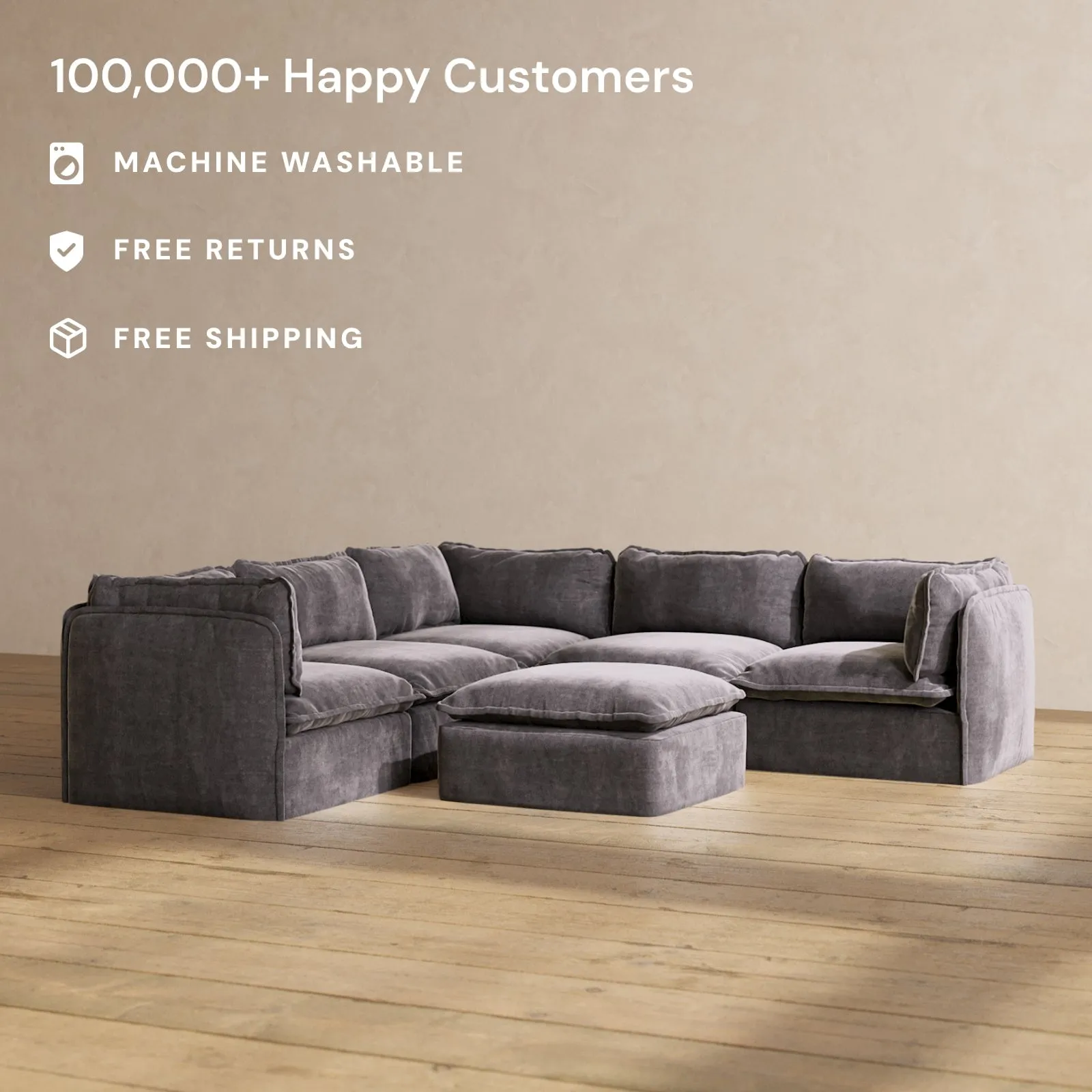 Slipcover Only - Modular Performance 5-Seater Corner Sectional   Ottoman | Luxury Velvet in Cinder