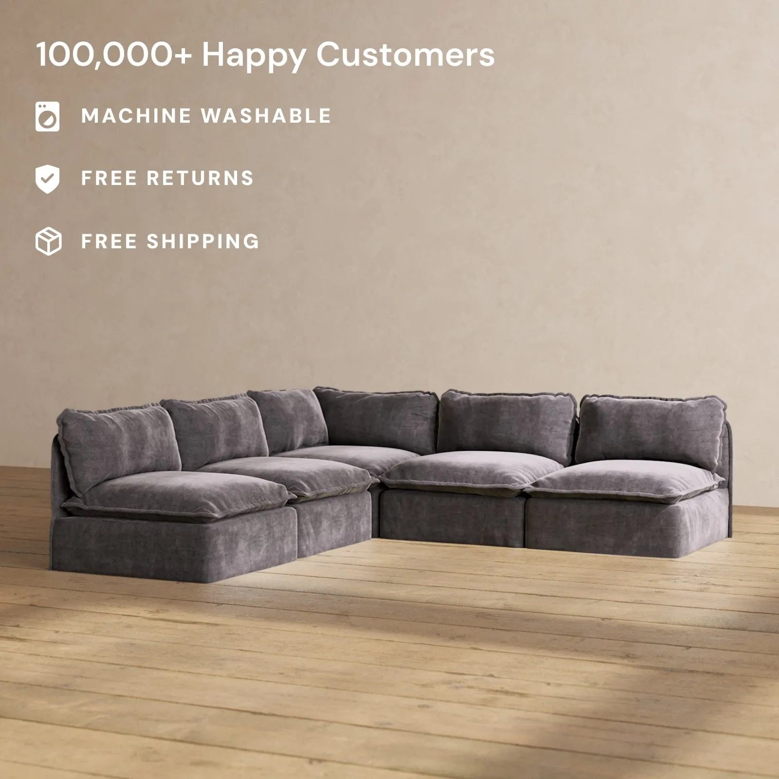 Slipcover Only - Modular Performance 5-Seater Open-Ends Corner Sectional | Luxury Velvet in Cinder
