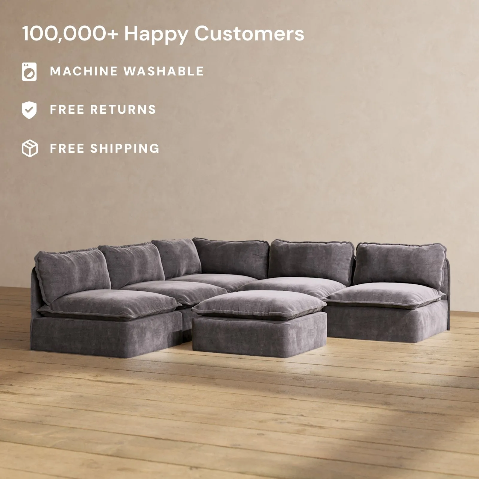 Slipcover Only - Modular Performance 5-Seater Open-Ends Corner Sectional   Ottoman | Luxury Velvet in Cinder