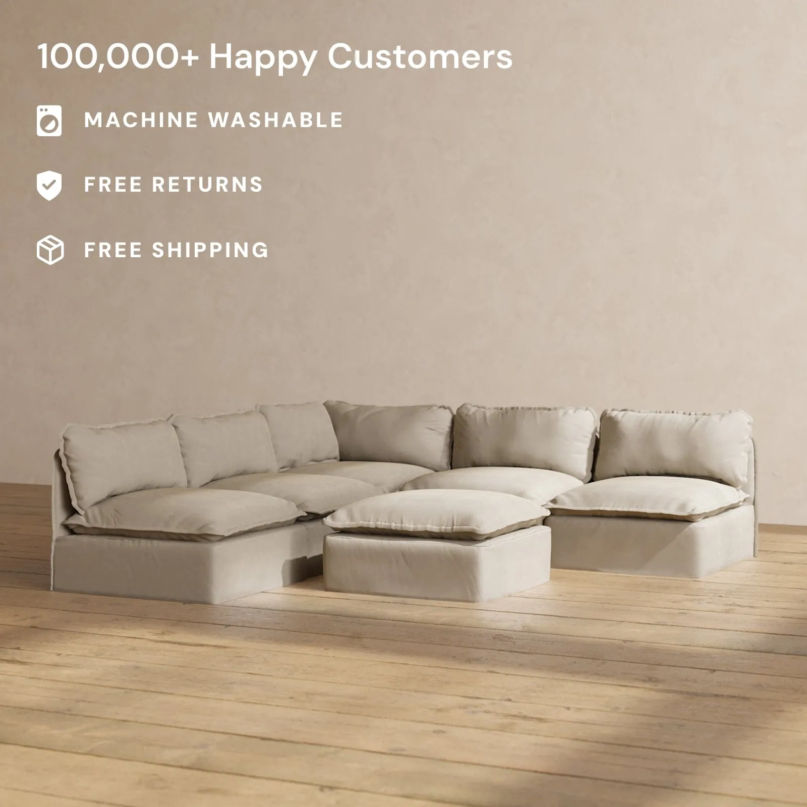 Slipcover Only - Modular Performance 5-Seater Open-Ends Corner Sectional   Ottoman | Luxury Velvet in Dune