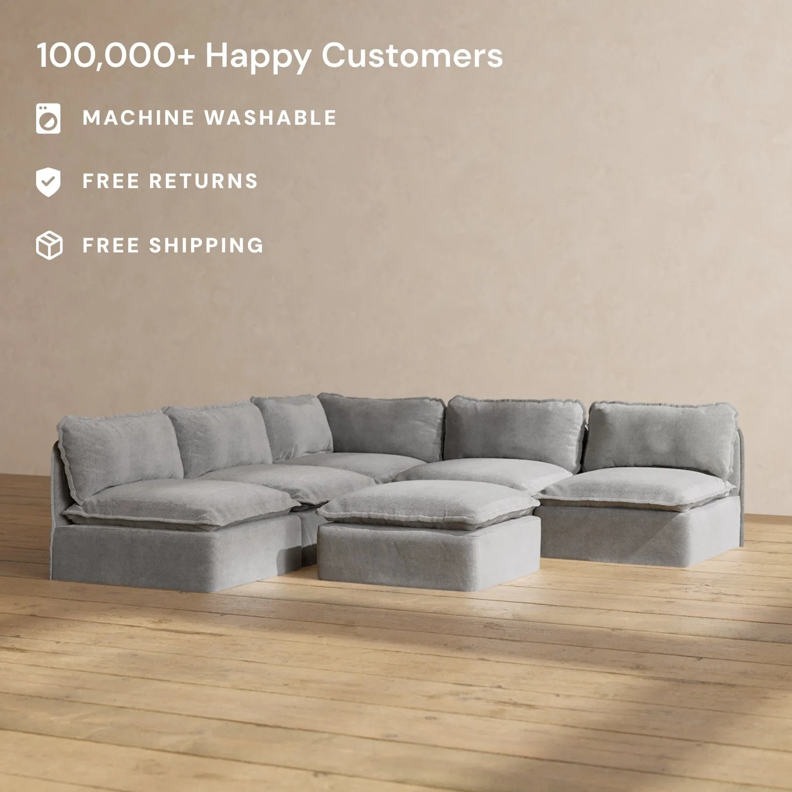 Slipcover Only - Modular Performance 5-Seater Open-Ends Corner Sectional   Ottoman | Plush Weave in Ash